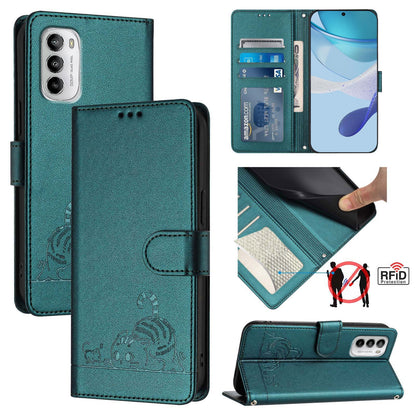 Motorola Moto G 5G 2022 Leather Phone Case with Cat and Rat Embossed Pattern, RFID Protection, Card Holder Slots, Anti-fall Feature & Lanyard