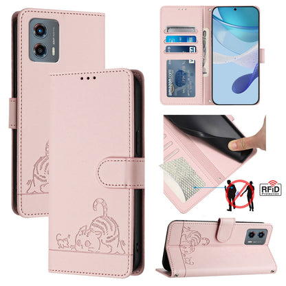 Motorola Moto G 5G 2023 Leather Phone Case with Cat and Rat Embossed Pattern, RFID Protection, Card Holder Slots, Anti-fall Feature & Lanyard