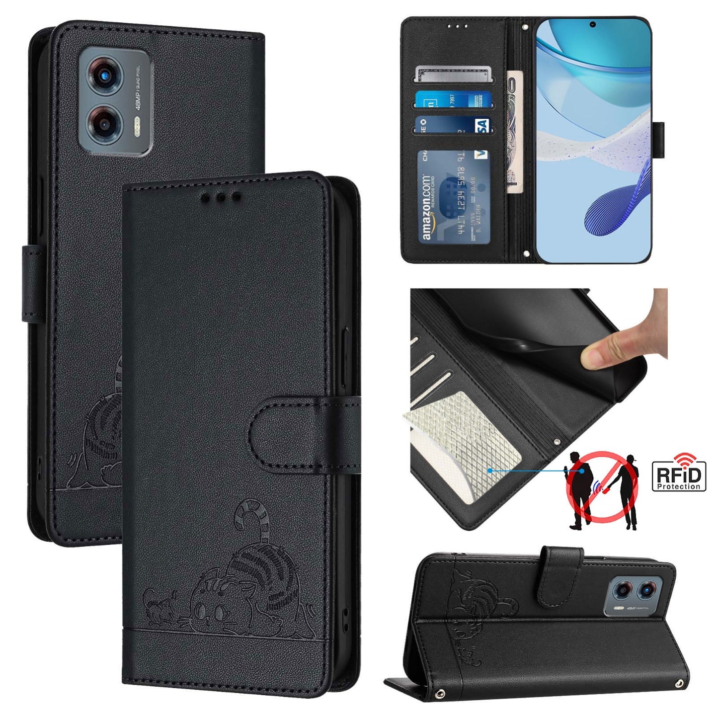 Motorola Moto G 5G 2023 Leather Phone Case with Cat and Rat Embossed Pattern, RFID Protection, Card Holder Slots, Anti-fall Feature & Lanyard