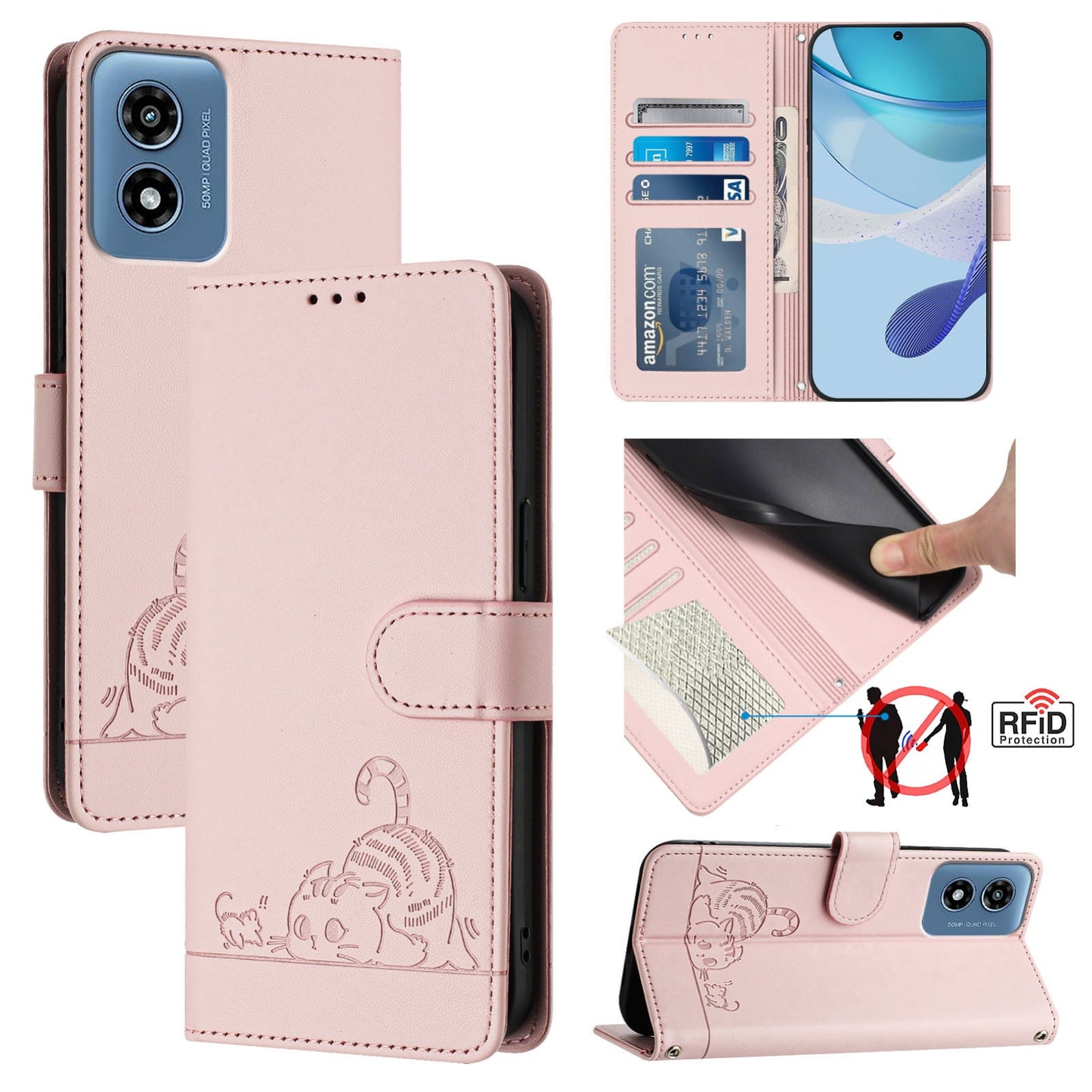 Motorola Moto G Play 4G 2024 Global Leather Phone Case with Cat and Rat Embossed Pattern, RFID Protection, Card Holder Slots, Anti-fall Feature & Lanyard