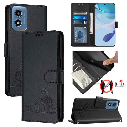 Motorola Moto G Play 5G 2024 Global Leather Phone Case with Cat and Rat Embossed Pattern, RFID Protection, Card Holder Slots, Anti-fall Feature & Lanyard