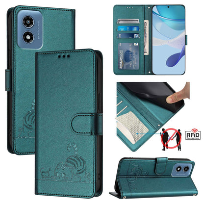Motorola Moto G Play 5G 2024 Global Leather Phone Case with Cat and Rat Embossed Pattern, RFID Protection, Card Holder Slots, Anti-fall Feature & Lanyard