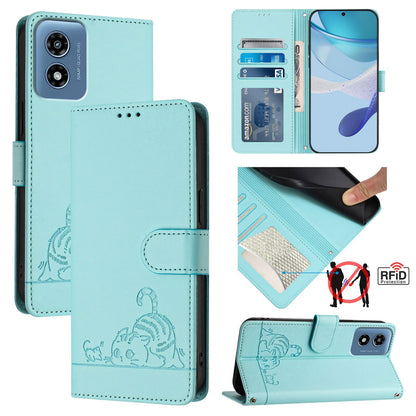 Motorola Moto G 5G 2024 Global Leather Phone Case with Cat and Rat Embossed Pattern, RFID Protection, Card Holder Slots, Anti-fall Feature & Lanyard