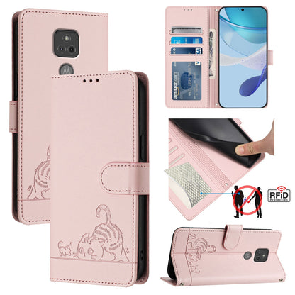 Motorola Moto G Play 2021 Leather Phone Case with Cat and Rat Embossed Pattern, RFID Protection, Card Holder Slots, Anti-fall Feature & Lanyard