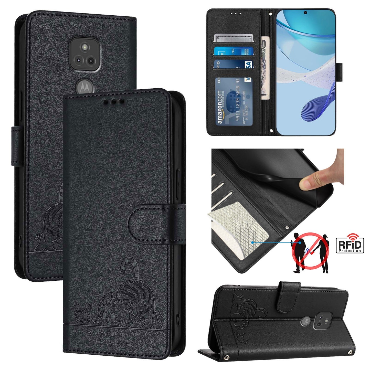 Motorola Moto G Play 2021 Leather Phone Case with Cat and Rat Embossed Pattern, RFID Protection, Card Holder Slots, Anti-fall Feature & Lanyard