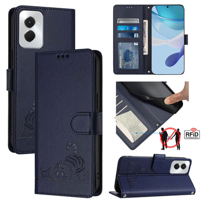 Motorola Moto G Power 5G 2024 Leather Phone Case with Cat and Rat Embossed Pattern, RFID Protection, Card Holder Slots, Anti-fall Feature & Lanyard