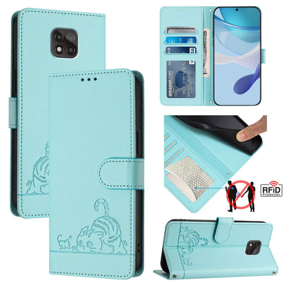 Motorola Moto G Power 2021 Leather Phone Case with Cat and Rat Embossed Pattern, RFID Protection, Card Holder Slots, Anti-fall Feature & Lanyard