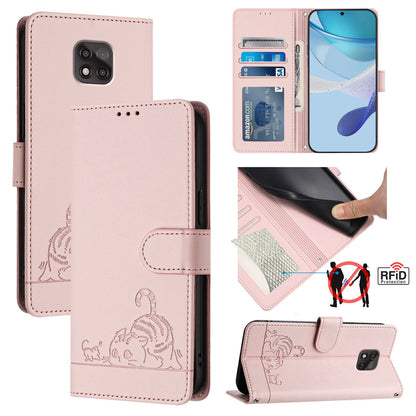 Motorola Moto G Power 2021 Leather Phone Case with Cat and Rat Embossed Pattern, RFID Protection, Card Holder Slots, Anti-fall Feature & Lanyard