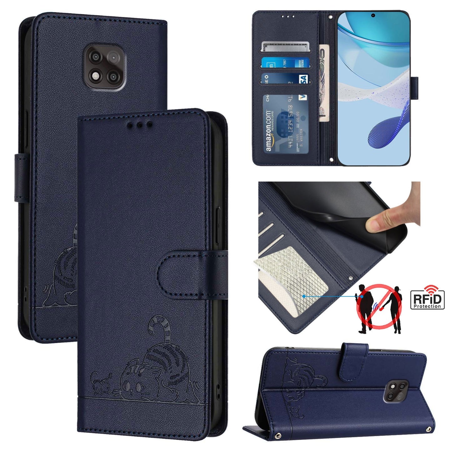 Motorola Moto G Power 2021 Leather Phone Case with Cat and Rat Embossed Pattern, RFID Protection, Card Holder Slots, Anti-fall Feature & Lanyard