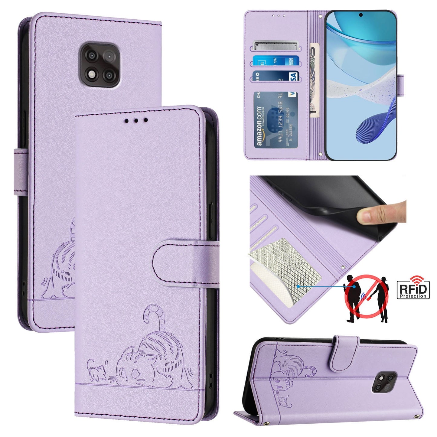 Motorola Moto G Power 2021 Leather Phone Case with Cat and Rat Embossed Pattern, RFID Protection, Card Holder Slots, Anti-fall Feature & Lanyard