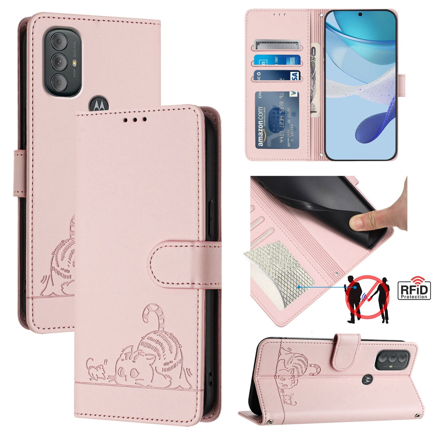 Motorola Moto G Power 2022 Leather Phone Case with Cat and Rat Embossed Pattern, RFID Protection, Card Holder Slots, Anti-fall Feature & Lanyard
