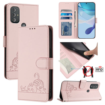 Motorola Moto G Power 2022 Leather Phone Case with Cat and Rat Embossed Pattern, RFID Protection, Card Holder Slots, Anti-fall Feature & Lanyard