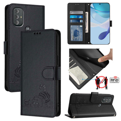 Motorola Moto G Power 2022 Leather Phone Case with Cat and Rat Embossed Pattern, RFID Protection, Card Holder Slots, Anti-fall Feature & Lanyard