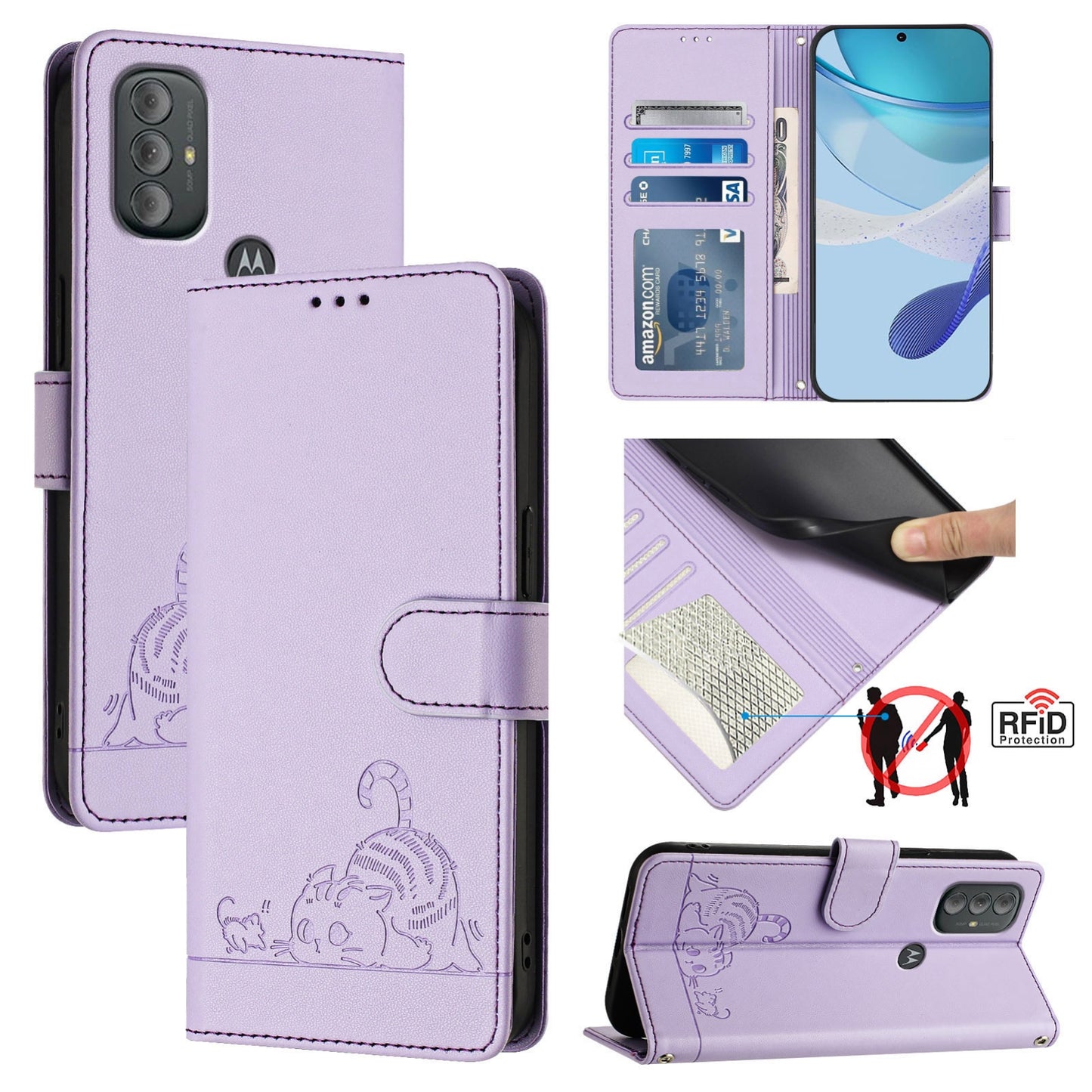 Motorola Moto G Power 2022 Leather Phone Case with Cat and Rat Embossed Pattern, RFID Protection, Card Holder Slots, Anti-fall Feature & Lanyard