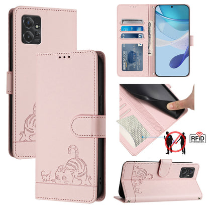 Motorola Moto G Power 2023 Leather Phone Case with Cat and Rat Embossed Pattern, RFID Protection, Card Holder Slots, Anti-fall Feature & Lanyard
