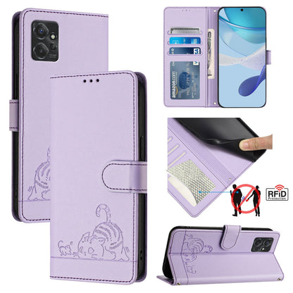Motorola Moto G Power 2023 Leather Phone Case with Cat and Rat Embossed Pattern, RFID Protection, Card Holder Slots, Anti-fall Feature & Lanyard
