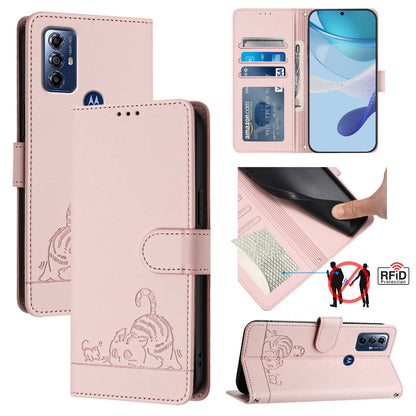 Motorola G Pure Leather Phone Case with Cat and Rat Embossed Pattern, RFID Protection, Card Holder Slots, Anti-fall Feature & Lanyard