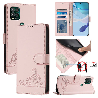 Motorola Moto G Stylus 5G 2021 Leather Phone Case with Cat and Rat Embossed Pattern, RFID Protection, Card Holder Slots, Anti-fall Feature & Lanyard