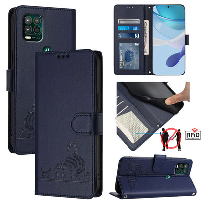 Motorola Moto G Stylus 5G 2021 Leather Phone Case with Cat and Rat Embossed Pattern, RFID Protection, Card Holder Slots, Anti-fall Feature & Lanyard