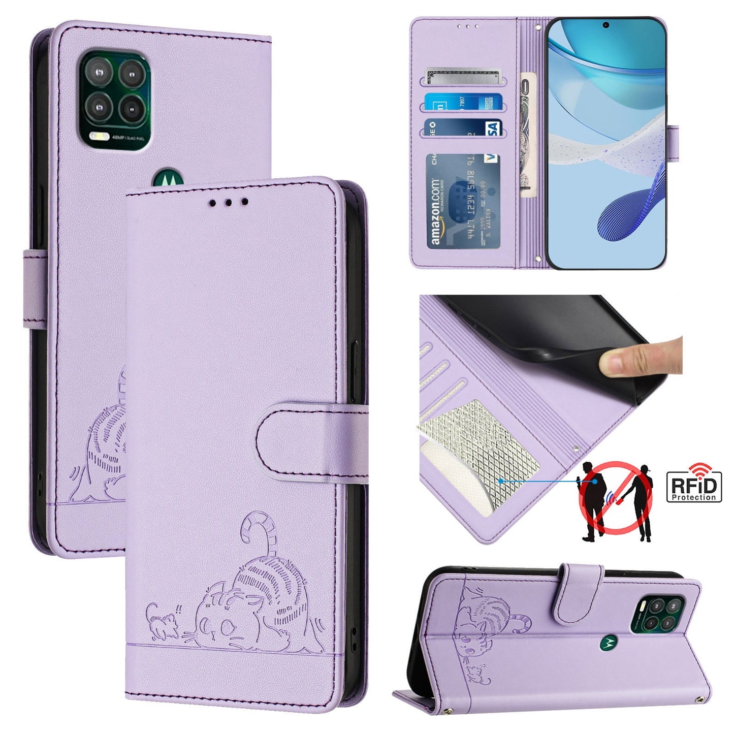 Motorola Moto G Stylus 5G 2021 Leather Phone Case with Cat and Rat Embossed Pattern, RFID Protection, Card Holder Slots, Anti-fall Feature & Lanyard