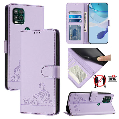 Motorola Moto G Stylus 5G 2021 Leather Phone Case with Cat and Rat Embossed Pattern, RFID Protection, Card Holder Slots, Anti-fall Feature & Lanyard