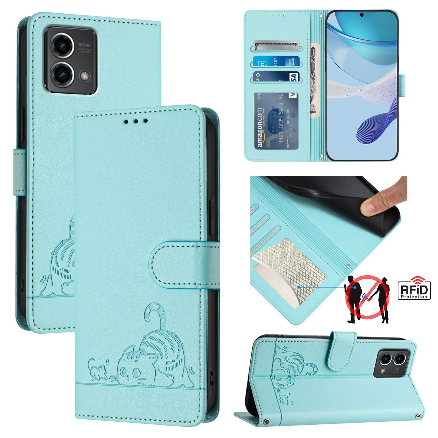 Motorola Moto G Stylus 5G 2024 Leather Phone Case with Cat and Rat Embossed Pattern, RFID Protection, Card Holder Slots, Anti-fall Feature & Lanyard