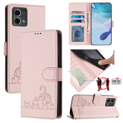 Motorola Moto G Stylus 5G 2024 Leather Phone Case with Cat and Rat Embossed Pattern, RFID Protection, Card Holder Slots, Anti-fall Feature & Lanyard