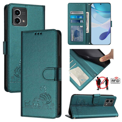 Motorola Moto G Stylus 5G 2024 Leather Phone Case with Cat and Rat Embossed Pattern, RFID Protection, Card Holder Slots, Anti-fall Feature & Lanyard
