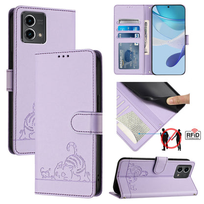 Motorola Moto G Stylus 5G 2024 Leather Phone Case with Cat and Rat Embossed Pattern, RFID Protection, Card Holder Slots, Anti-fall Feature & Lanyard