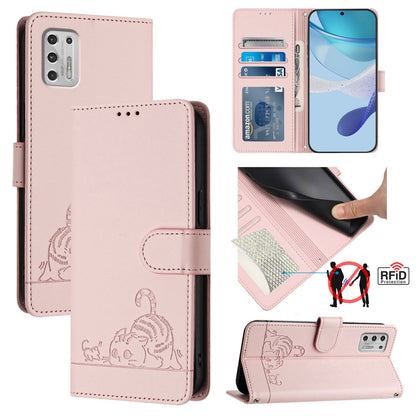 Motorola Moto G Stylus 2021 4G Leather Phone Case with Cat and Rat Embossed Pattern, RFID Protection, Card Holder Slots, Anti-fall Feature & Lanyard