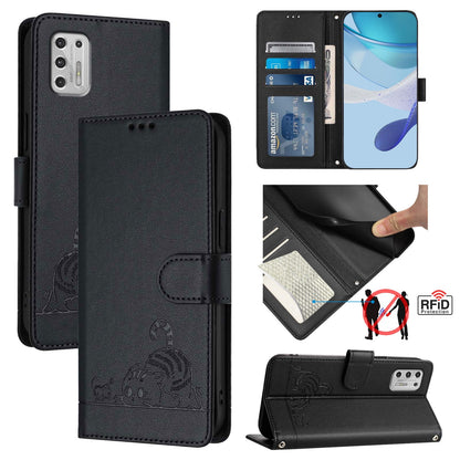 Motorola Moto G Stylus 2021 4G Leather Phone Case with Cat and Rat Embossed Pattern, RFID Protection, Card Holder Slots, Anti-fall Feature & Lanyard
