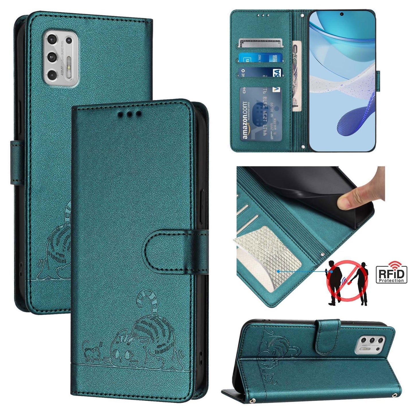 Motorola Moto G Stylus 2021 4G Leather Phone Case with Cat and Rat Embossed Pattern, RFID Protection, Card Holder Slots, Anti-fall Feature & Lanyard