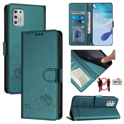 Motorola Moto G Stylus 2021 4G Leather Phone Case with Cat and Rat Embossed Pattern, RFID Protection, Card Holder Slots, Anti-fall Feature & Lanyard