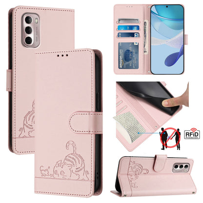 Motorola Moto G Stylus 2022 4G Leather Phone Case with Cat and Rat Embossed Pattern, RFID Protection, Card Holder Slots, Anti-fall Feature & Lanyard