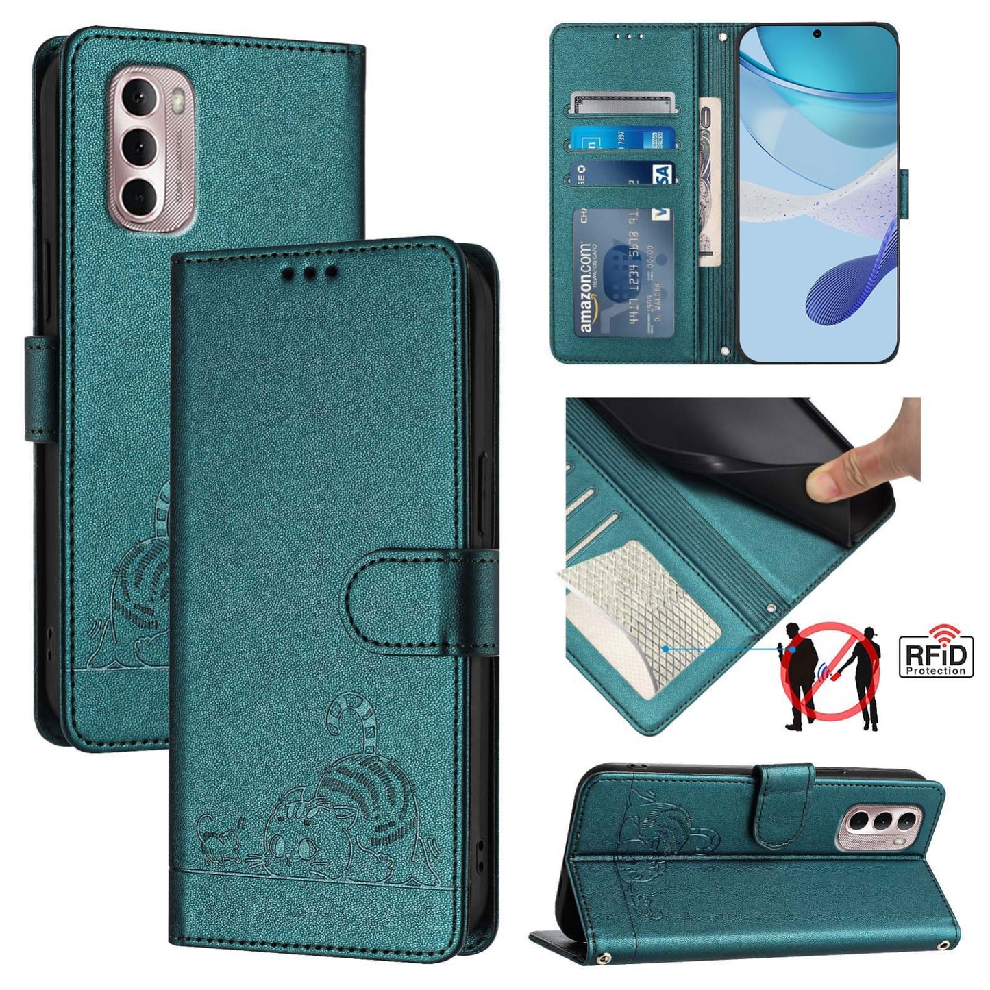 Motorola Moto G Stylus 2022 4G Leather Phone Case with Cat and Rat Embossed Pattern, RFID Protection, Card Holder Slots, Anti-fall Feature & Lanyard