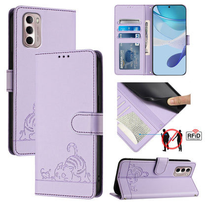 Motorola Moto G Stylus 2022 4G Leather Phone Case with Cat and Rat Embossed Pattern, RFID Protection, Card Holder Slots, Anti-fall Feature & Lanyard