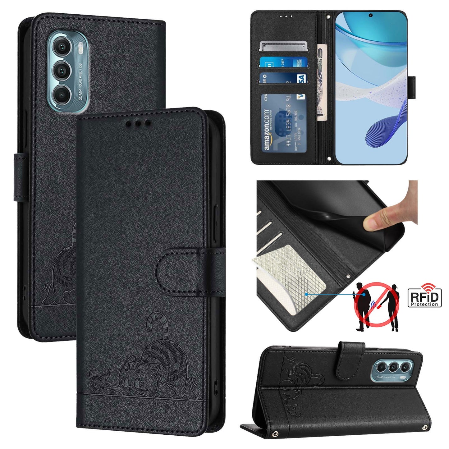 Motorola Moto G Stylus 5G 2022 Leather Phone Case with Cat and Rat Embossed Pattern, RFID Protection, Card Holder Slots, Anti-fall Feature & Lanyard