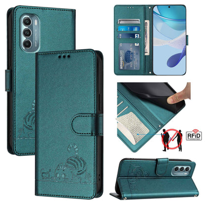 Motorola Moto G Stylus 5G 2022 Leather Phone Case with Cat and Rat Embossed Pattern, RFID Protection, Card Holder Slots, Anti-fall Feature & Lanyard