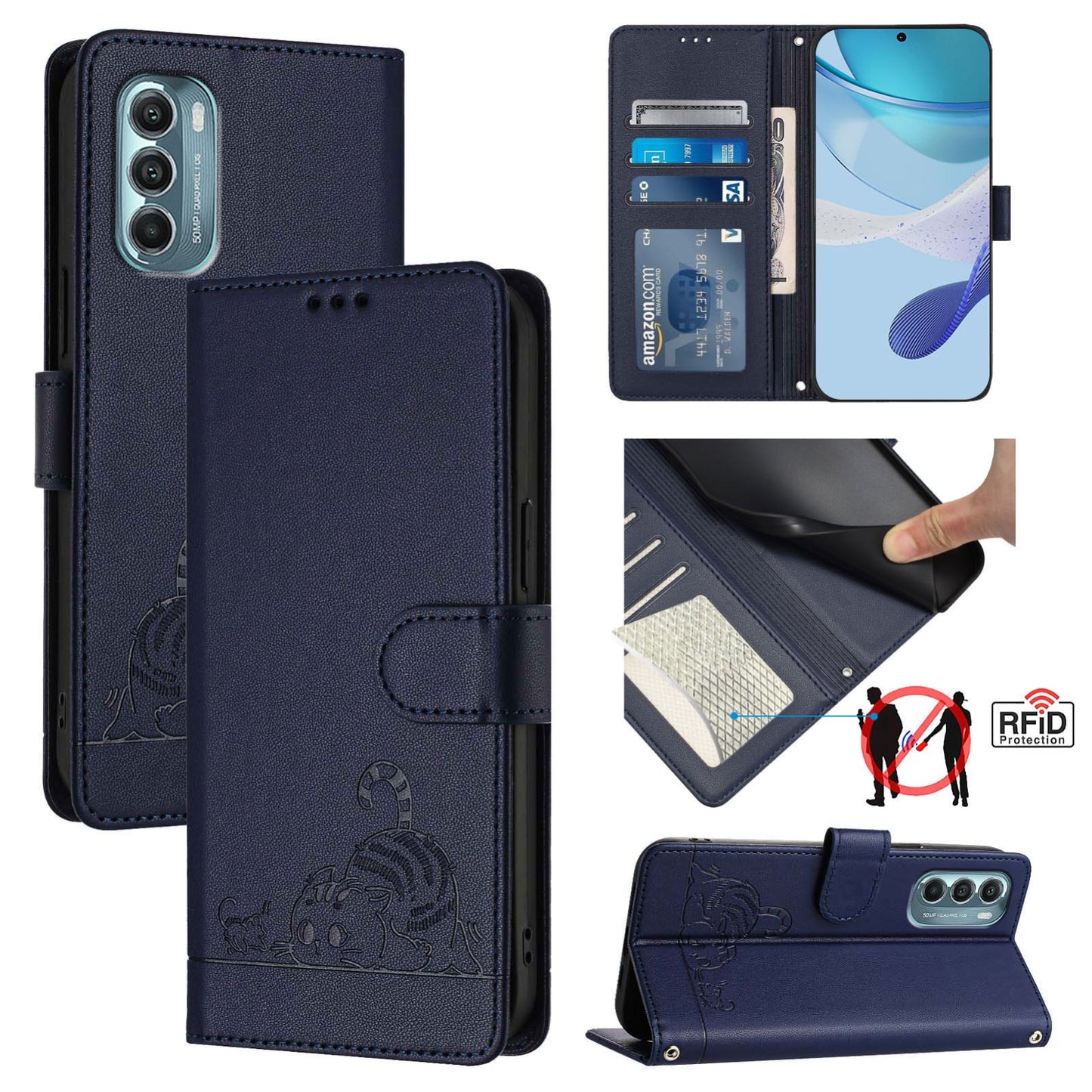 Motorola Moto G Stylus 5G 2022 Leather Phone Case with Cat and Rat Embossed Pattern, RFID Protection, Card Holder Slots, Anti-fall Feature & Lanyard