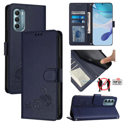 Motorola Moto G Stylus 5G 2022 Leather Phone Case with Cat and Rat Embossed Pattern, RFID Protection, Card Holder Slots, Anti-fall Feature & Lanyard