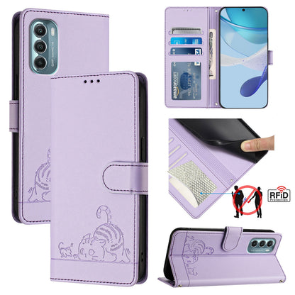 Motorola Moto G Stylus 5G 2022 Leather Phone Case with Cat and Rat Embossed Pattern, RFID Protection, Card Holder Slots, Anti-fall Feature & Lanyard