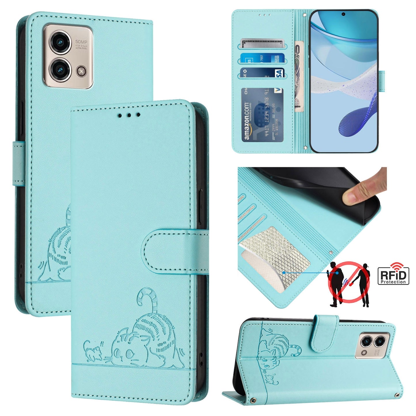 Motorola Moto G Stylus 2023 4G Leather Phone Case with Cat and Rat Embossed Pattern, RFID Protection, Card Holder Slots, Anti-fall Feature & Lanyard