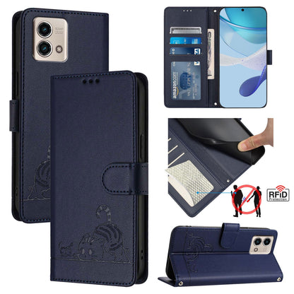 Motorola Moto G Stylus 2023 4G Leather Phone Case with Cat and Rat Embossed Pattern, RFID Protection, Card Holder Slots, Anti-fall Feature & Lanyard