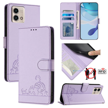 Motorola Moto G Stylus 2023 4G Leather Phone Case with Cat and Rat Embossed Pattern, RFID Protection, Card Holder Slots, Anti-fall Feature & Lanyard