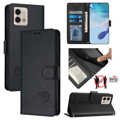 Motorola Moto G Stylus 5G 2023 Leather Phone Case with Cat and Rat Embossed Pattern, RFID Protection, Card Holder Slots, Anti-fall Feature & Lanyard