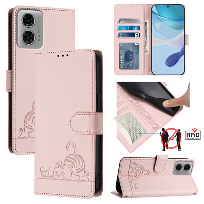 Motorola Moto G04 4G Global Leather Phone Case with Cat and Rat Embossed Pattern, RFID Protection, Card Holder Slots, Anti-fall Feature & Lanyard