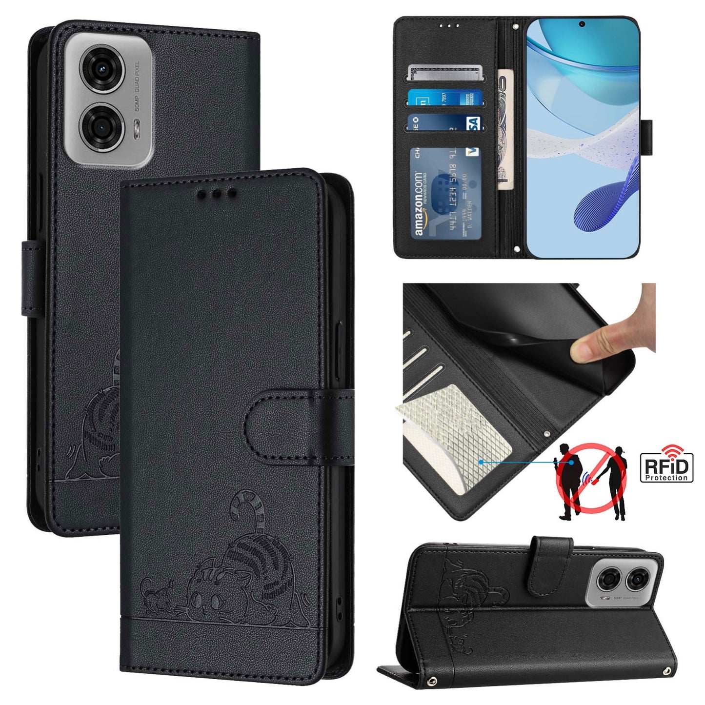 Motorola Moto G04 4G Global Leather Phone Case with Cat and Rat Embossed Pattern, RFID Protection, Card Holder Slots, Anti-fall Feature & Lanyard
