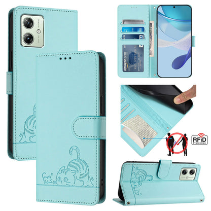 Motorola Moto G14 4G Leather Phone Case with Cat and Rat Embossed Pattern, RFID Protection, Card Holder Slots, Anti-fall Feature & Lanyard