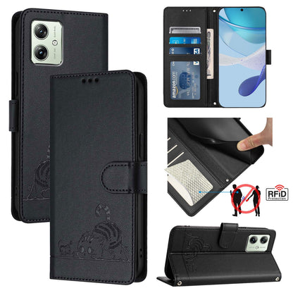 Motorola Moto G54 Brazil Version Leather Phone Case with Cat and Rat Embossed Pattern, RFID Protection, Card Holder Slots, Anti-fall Feature & Lanyard