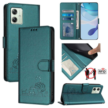 Motorola Moto G54 Brazil Version Leather Phone Case with Cat and Rat Embossed Pattern, RFID Protection, Card Holder Slots, Anti-fall Feature & Lanyard